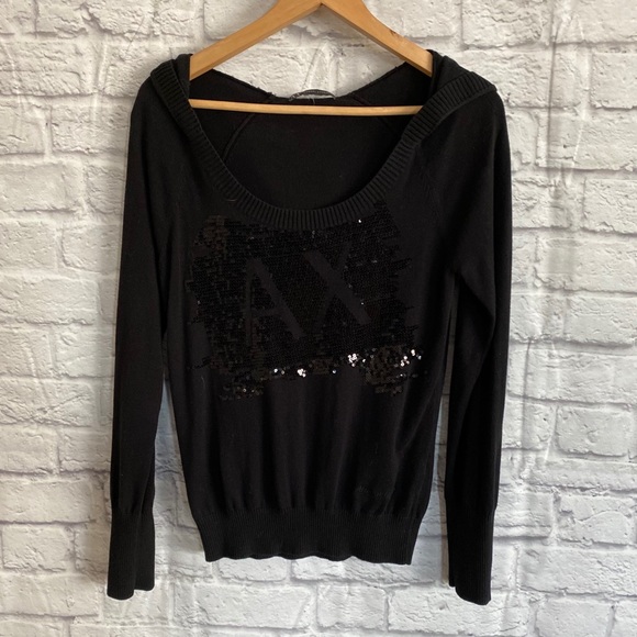 ARMANI EXCHANGE Black Knit Hoodie with Sequins